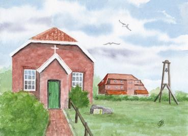 Postkarte DIN-A6 Aquarell Maritim Kunst Druck Kunstdruck Nordsee Insel Baltrum Kirche Inselglocke
